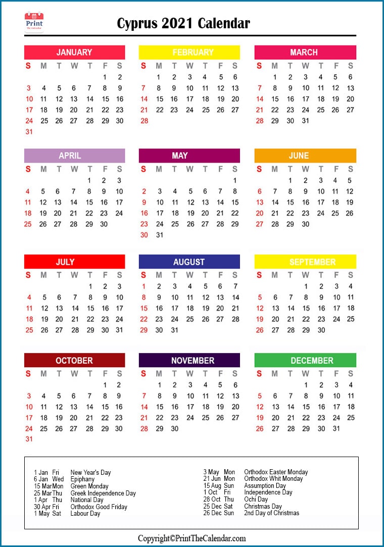 Cyprus Printable Calendar 2021